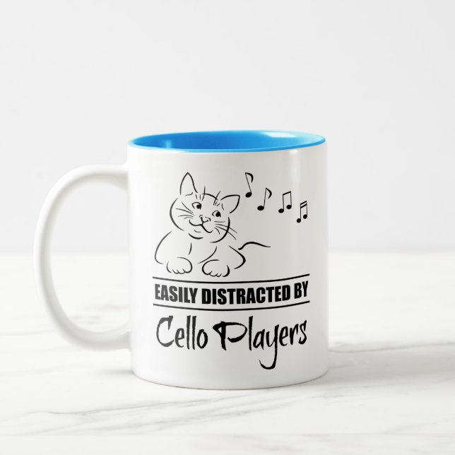 Curious Cat Easily Distracted by Cello Players Two-Tone Coffee Mug (Left)