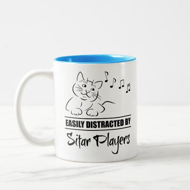 Curious Cat Easily Distracted by Sitar Players Two-Tone Coffee Mug (Left)