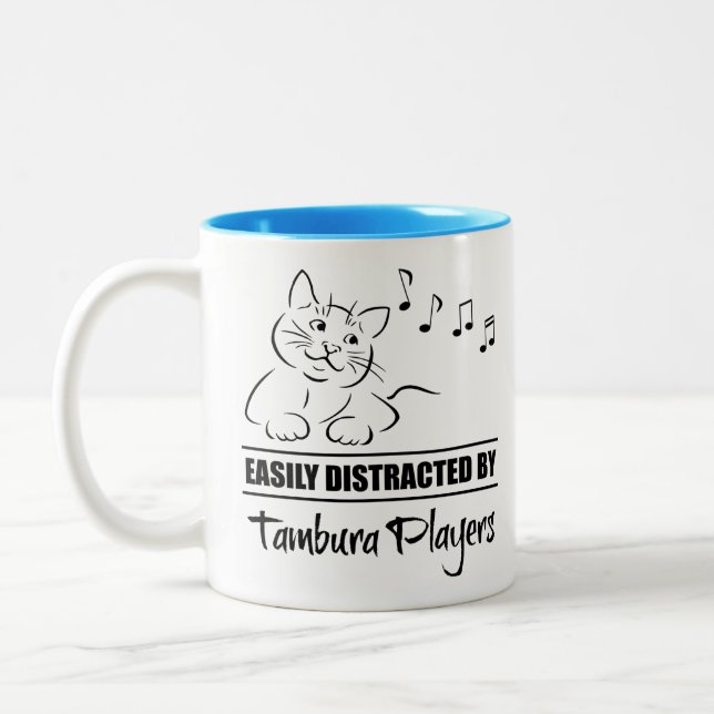 Curious Cat Easily Distracted by Tambura Players Two-Tone Coffee Mug (Left)