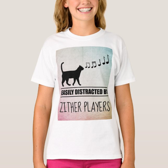 Curious Cat Easily Distracted by Zither Players T-Shirt (Front)