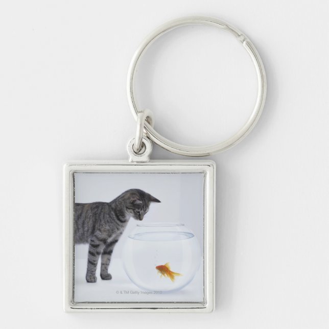Curious cat watching goldfish in fishbowl key ring (Front)