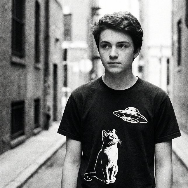 Curious Cat Watching UFO – Funny Alien Cat Sci-Fi T-Shirt (Creator Uploaded)