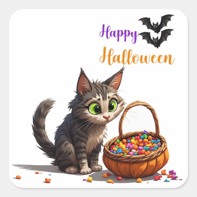 Curious Cat With Candy Filled Jack O Lantern 🍂 Square Sticker (Front)
