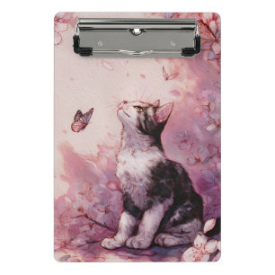 Curious Cat with Golden Eyes and Pink Flowers Mini Clipboard