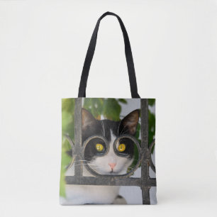 Curious Cat with Spectacles Frame Funny on Shopper Tote Bag