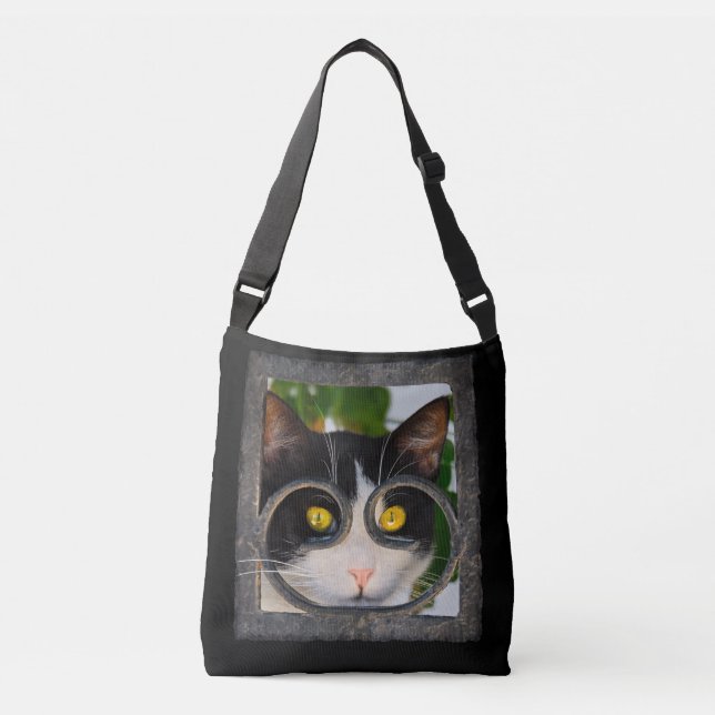 Curious Cat with Spectacles Frame Funny Pet Photo Crossbody Bag (Front)