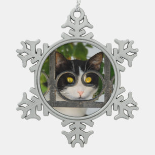 Curious Cat with Spectacles Frame Funny Pet Photo Snowflake Pewter Christmas Ornament