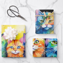 Curious Cats with Sunset Watercolor Background