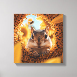 Curious Chipmunk Peeking Through Eaten Sunflower  Canvas Print