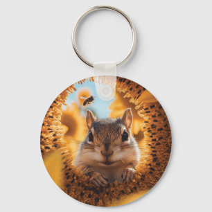 Curious Chipmunk Peeking Through Eaten Sunflower  Key Ring