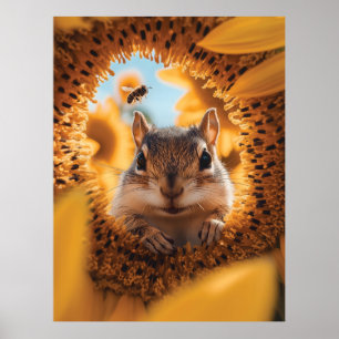 Curious Chipmunk Peeking Through Eaten Sunflower  Poster