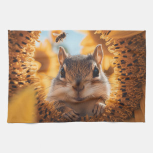 Curious Chipmunk Peeking Through Eaten Sunflower  Tea Towel