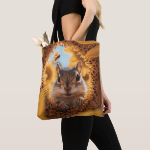 Curious Chipmunk Peeking Through Eaten Sunflower Tote Bag