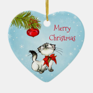 Curious Christmas Kitty With A Red Bow Ceramic Tree Decoration
