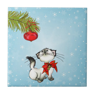 Curious Christmas Kitty With A Red Bow Tile