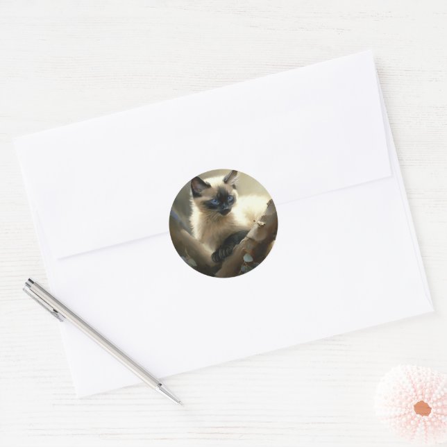 Curious Climber Siamese Kitten Classic Round Sticker (Envelope)