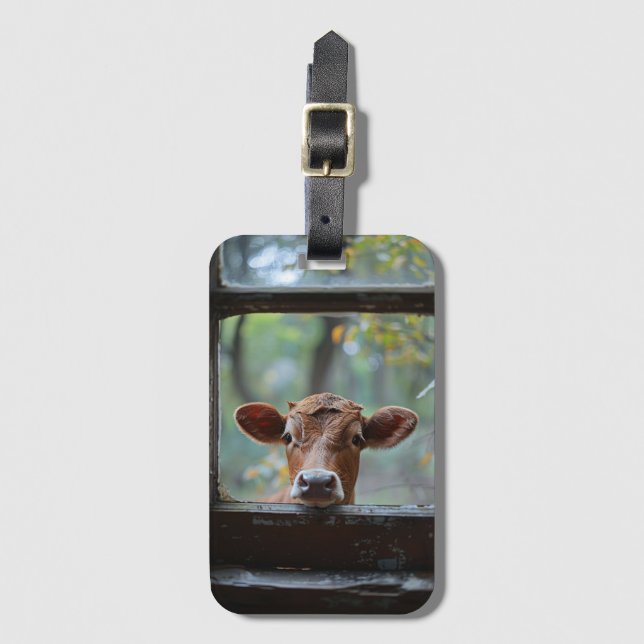 Curious Cow Looking Through a Window Luggage Tag (Front Vertical)
