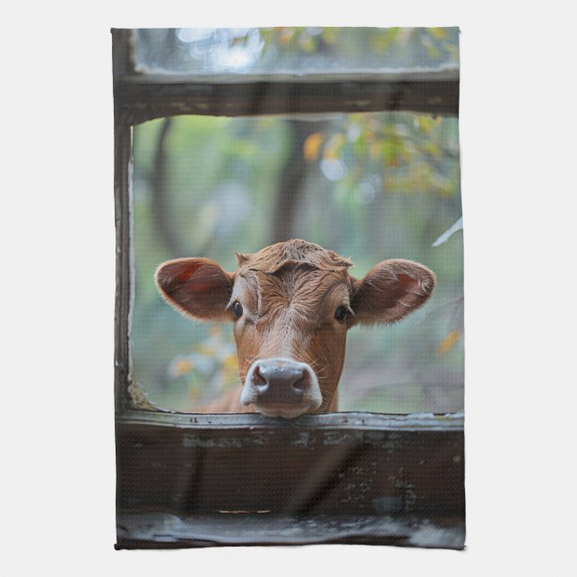 Curious Cow Looking Through a Window Tea Towel (Vertical)