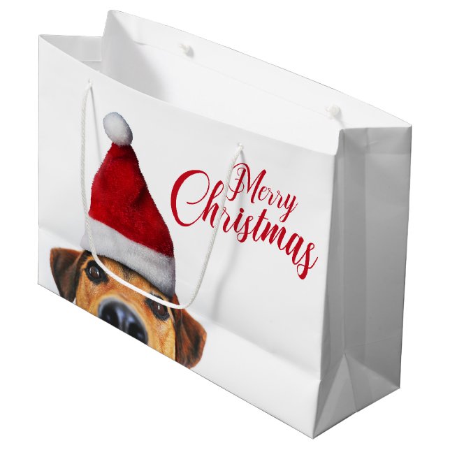 Curious Cute Funny Dog with Santa Hat Large Gift Bag (Front Angled)