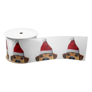 Curious Cute Funny Dog with Santa Hat Satin Ribbon