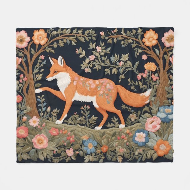 Curious Fox Faux Embroidery Elegant Floral Fleece Blanket (Front (Horizontal))