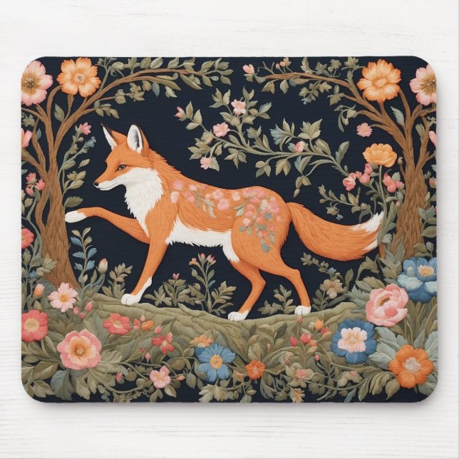 Curious Fox Faux Embroidery Elegant Floral Mouse Pad (Front)