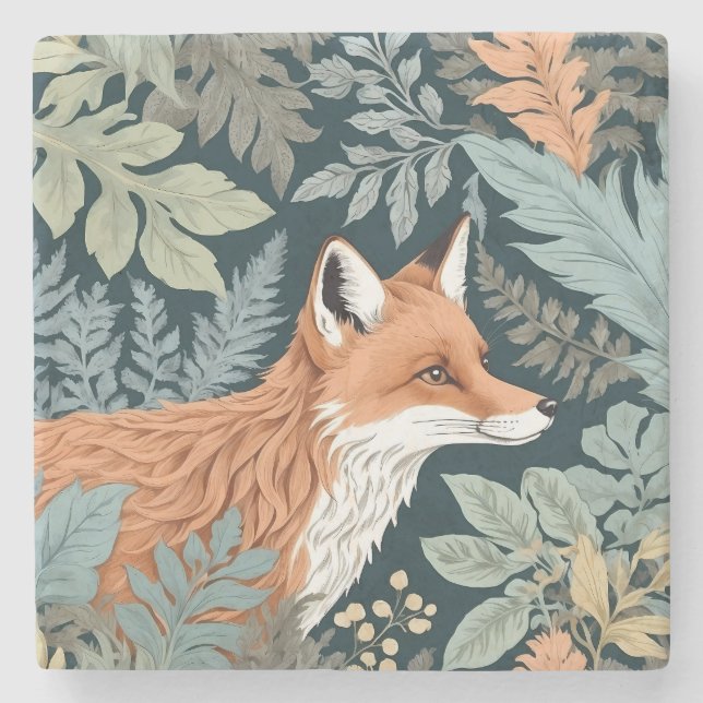 Curious Fox Fern Leaves William Morris Inspired Stone Coaster (Front)