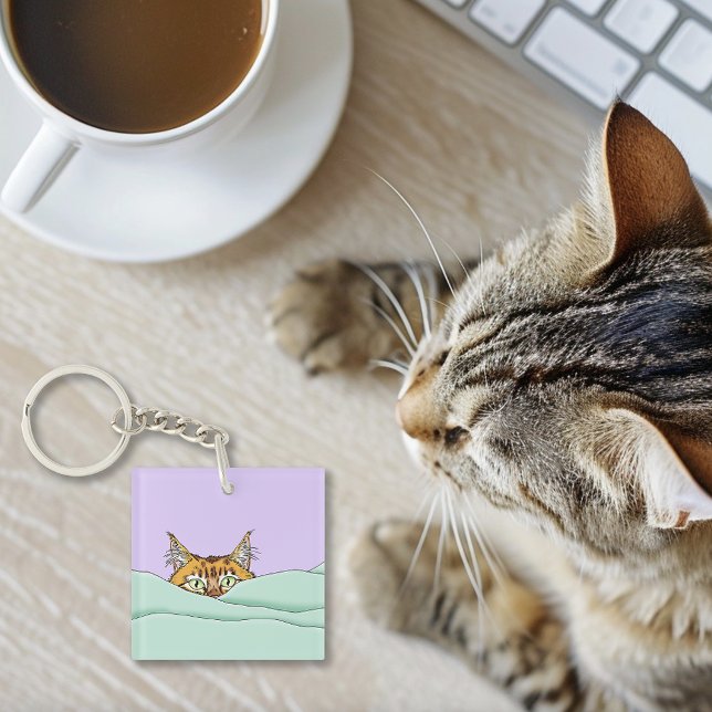 Curious Ginger Peekaboo Cat Funny Lavender Green Key Ring (Creator Uploaded)
