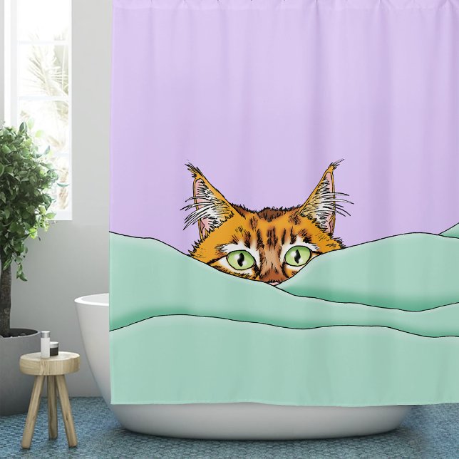 Curious Ginger Peekaboo Cat Funny Lavender Green Shower Curtain (Creator Uploaded)