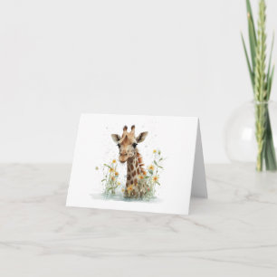 Curious Giraffe Head with Flowers BLANK  Card