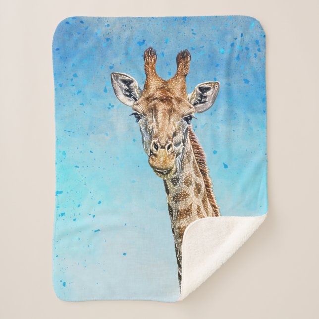 Curious Giraffe with Blue Confetti Sky Sherpa Blanket (Front)