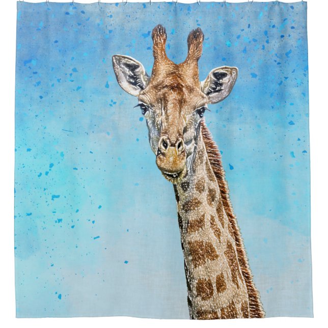 Curious Giraffe with Blue Confetti Sky Shower Curtain (Front)