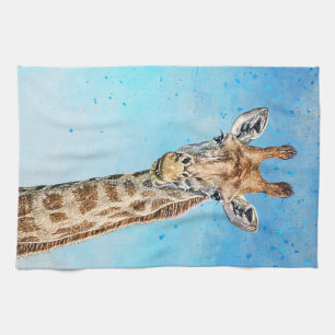 Curious Giraffe with Blue Confetti Sky Tea Towel