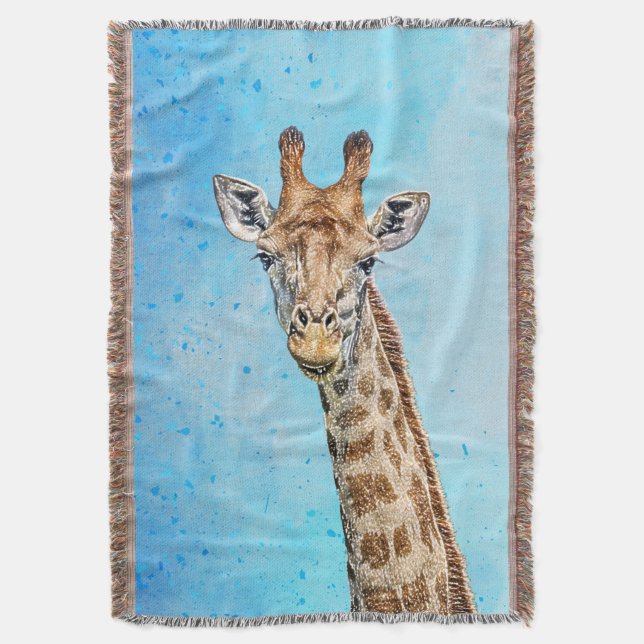 Curious Giraffe with Blue Confetti Sky Throw Blanket (Front Vertical)