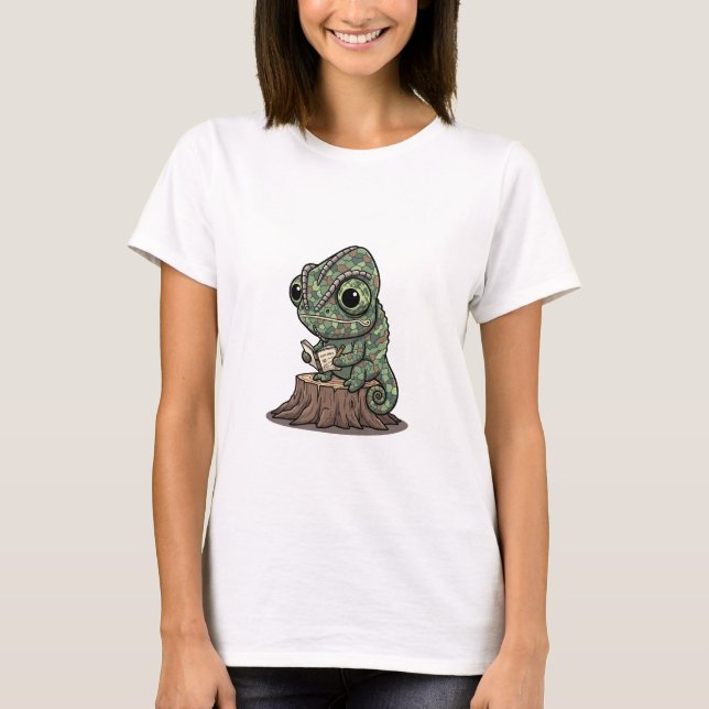 Curious Green Chameleon Reading Explorer's Journal T-Shirt (Front)