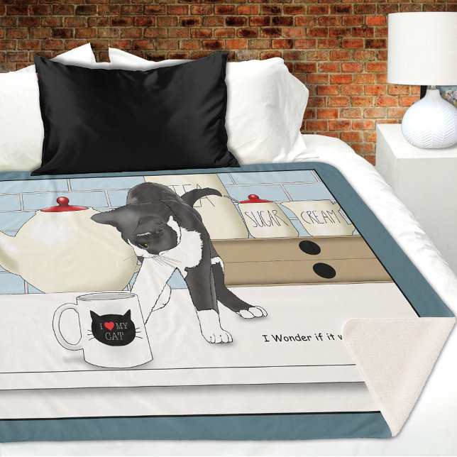 Curious Grey White Cat Funny Tea Mug Kitchen Sherpa Blanket (Creator Uploaded)