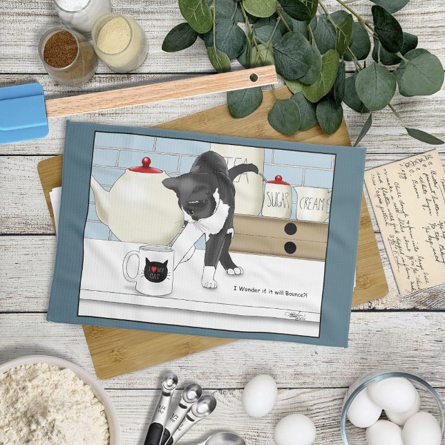Curious Grey White Cat Funny Tea Mug Kitchen Towel (Creator Uploaded)