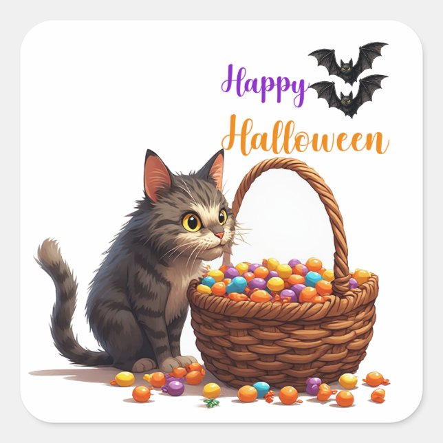 Curious Halloween Cat With Pumpkin Candy Bucket 👻 Square Sticker (Front)