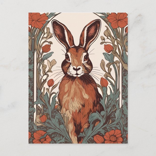 Curious Hare William Morris Inspired Floral  Postcard (Front)