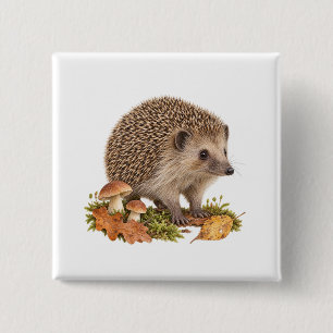 Curious Hedgehog with Mushrooms and Autumn Leaves 15 Cm Square Badge