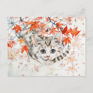 Curious Kitten in Autumn Leaves in Chinese Ink Pai Postcard