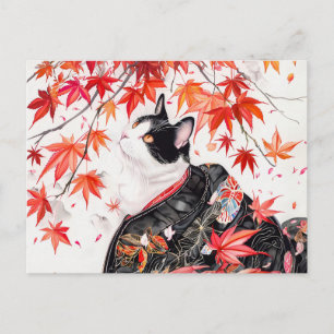 Curious Kitten in Autumn Leaves in Chinese Ink Postcard