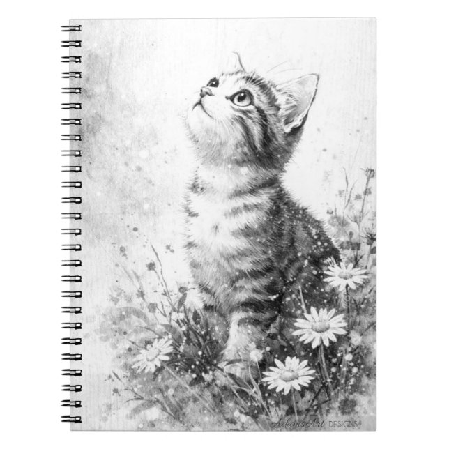 Curious Kitten in Wildflowers – Black and White Notebook (Front)