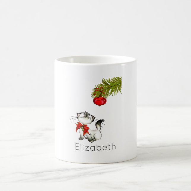 Curious Kitty Cat In A Red Christmas Bow Custom Coffee Mug (Center)