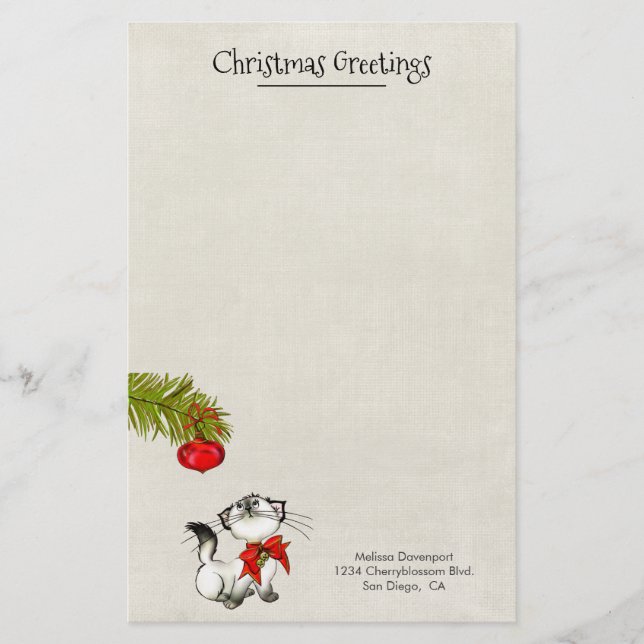 Curious Kitty Cat In A Red Christmas Bow Custom Stationery (Front)