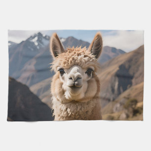 Curious Llama Mountain Portrait Tea Towel