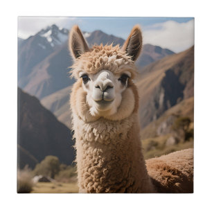 Curious Llama Mountain Portrait Tile