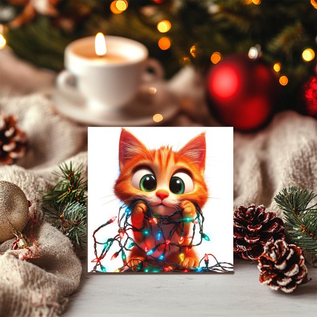 Curious Orange Kitten with Festive Lights Holiday Card (Creator Uploaded)