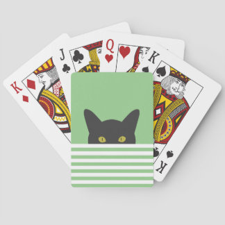 Curious Peeking Black Cat Green Stripe  Playing Cards