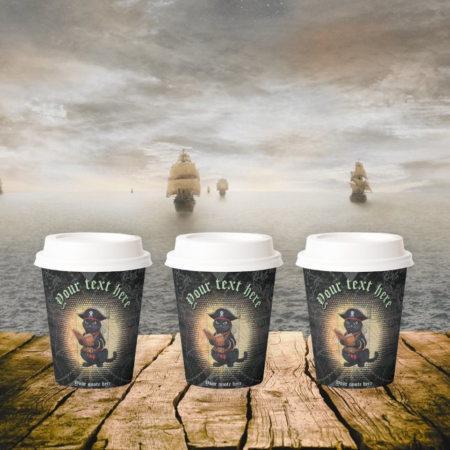 Curious pirate cat deciphers ancient mysteries paper cups (Curious pirate cat deciphers ancient mysteries paper cups)